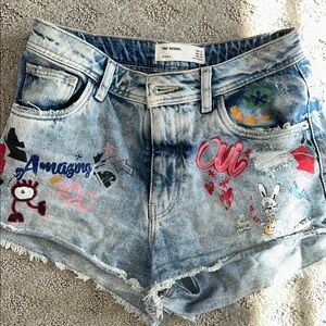 Zara Blue and Pink Jean Shorts with Distressed Floral Design